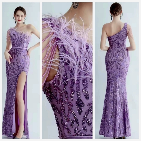 Purple,  Geo Print, Assymmetrical Neck,  Ostrich Feather, Beaded,  Sequined Gown - Picture 1 of 16